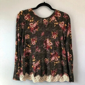 Rewind Women’s Top Small Black Floral Long Sleeve Black Lace Hem Scoop Neck